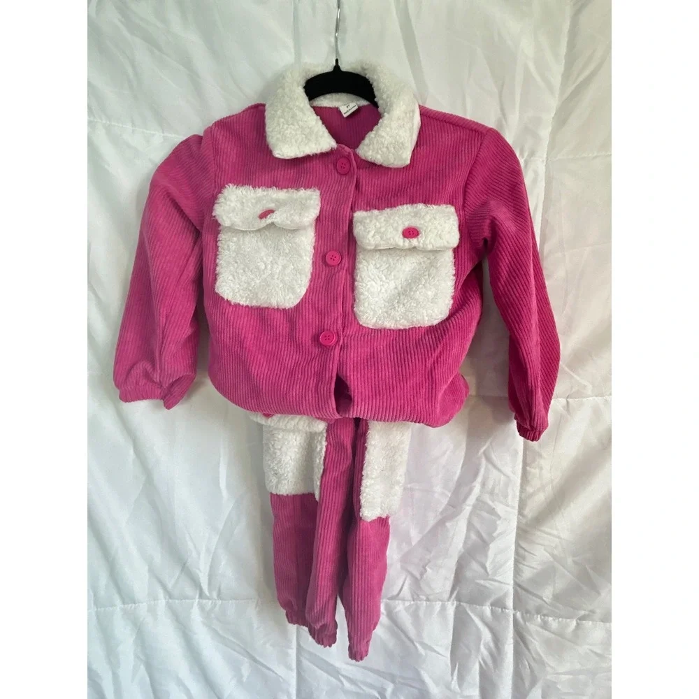 SHEIN Kids Pink Corduroy Sherpa Trim Jacket Pants Set Size 6Y‎